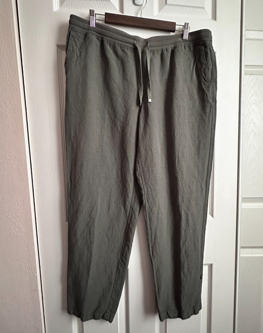 Olive Army Green J Jill Linen Pull On Pants Roll Tab Elastic Comfort Waist LRG